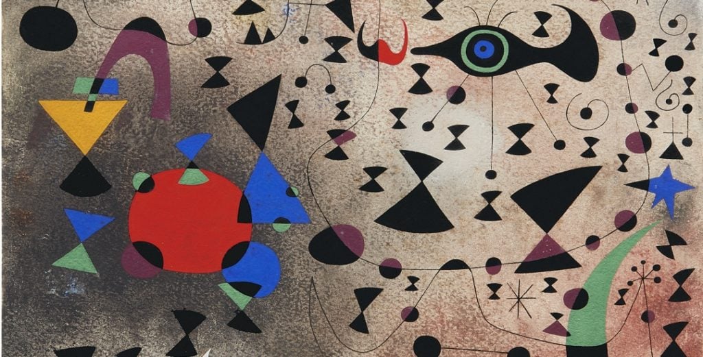 Joan Miró, <em>Femmes au bord du lac a la surface irisee par le passage d'un cygnet (Women at the Edge of the Lake Made Iridescent by the Passage of a Swan)</em>, 1941 (detail), from the "Constellations" series. Courtesy of Acquavella Galleries. 