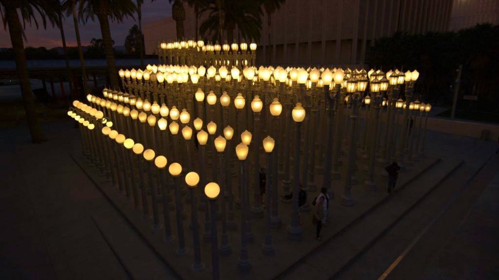 A still from the new documentary <i>Burden</i> (2016), showing <i>Urban Light</i> (2008). Courtesy Magnolia Pictures.