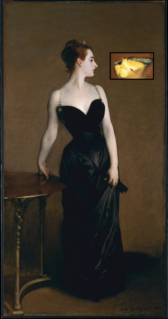 John Singer Sargent, Madame X (Madame Pierre Gautreau), 1883–84, and a cross-section of the work showing the presence of lead soap beneath the surface of the painting. Courtesy of the Metropolitan Museum of Art/Cecil Dybowski .