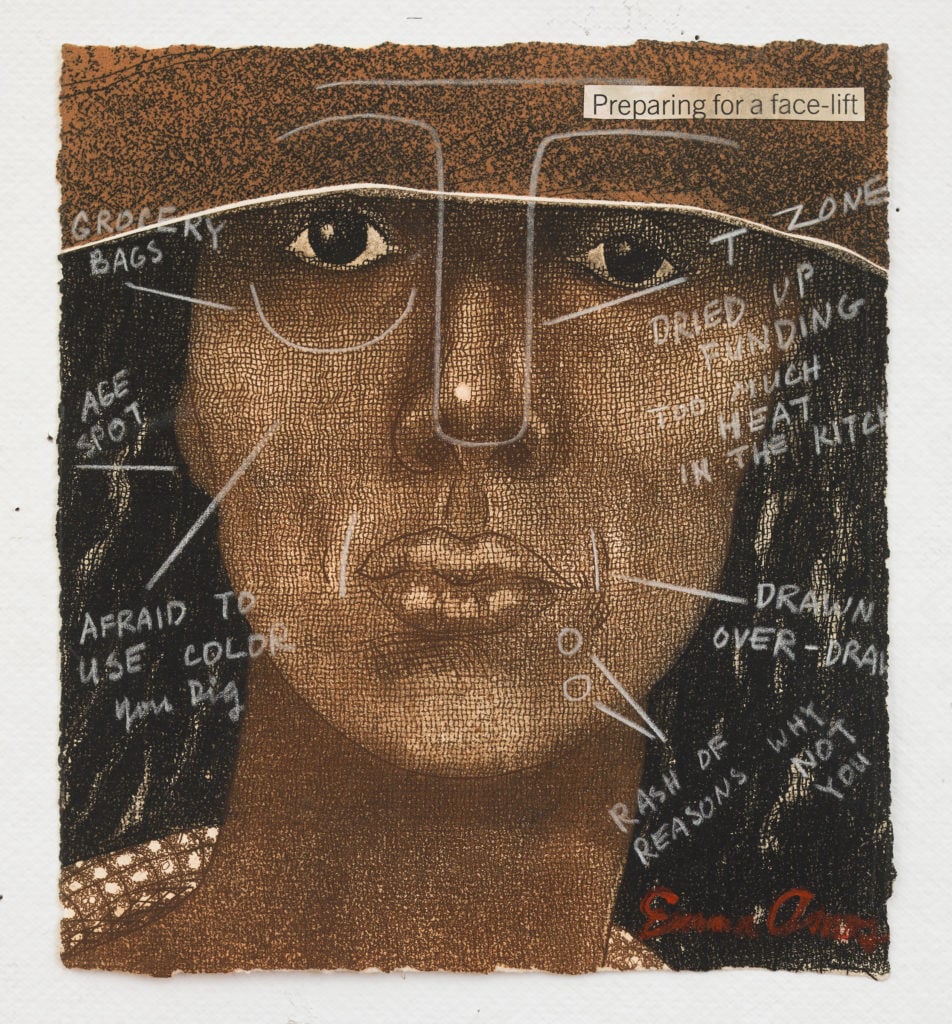 Emma Amos (American, born 1938). Preparing for a Face Lift, 1981. Etching and crayon, 8 ¼ × 7 ¾ in. (21 × 19.7 cm). Courtesy of Emma Amos. © Emma Amos; courtesy of the artist and RYAN LEE, New York. Licensed by VAGA, New York
