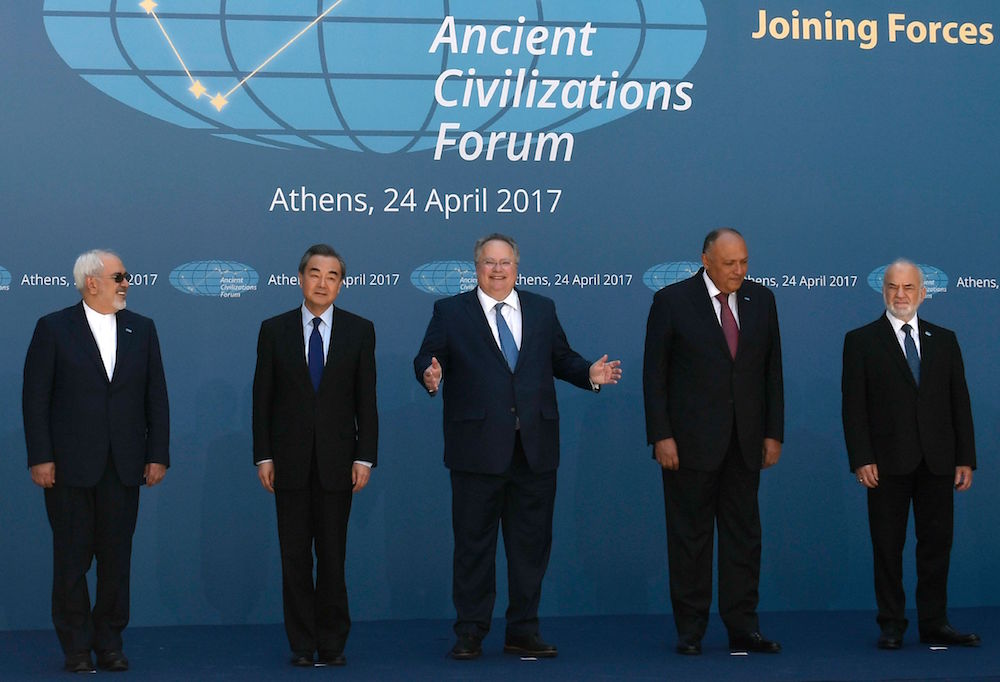 Iranian Minister of Foreign affairs Mohammad Javad Zarif, Chinese Minister of Foreign affairs Wang Yi, Greek Minister of Foreign affairs Nikos Kotzias, Egyptian Minister of Foreign Affairs Sameh Shoukry and Iraqi Ministers of Foreign affairs Ibrahim al-Jaafari pose for a photo during the "Ancient Civilizations Forum" at the Zappeion Conference Hall, in Athens, on April 24, 2017.<br /> AFP PHOTO / LOUISA GOULIAMAKI/Getty Images.
