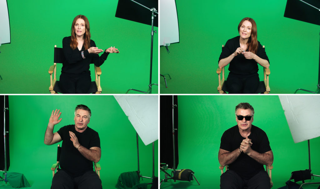 Julianne Moore and Alec Baldwin in Candice Breitz's <em>Love Story</em>, a pro-refugee video work now retitled <em>WILSON MUST GO</em> in protest of the National Gallery of Victoria's use of Wilson Security, which ran Australia's controversial offshore immigration detention centers. Video still courtesy of the artist. 
