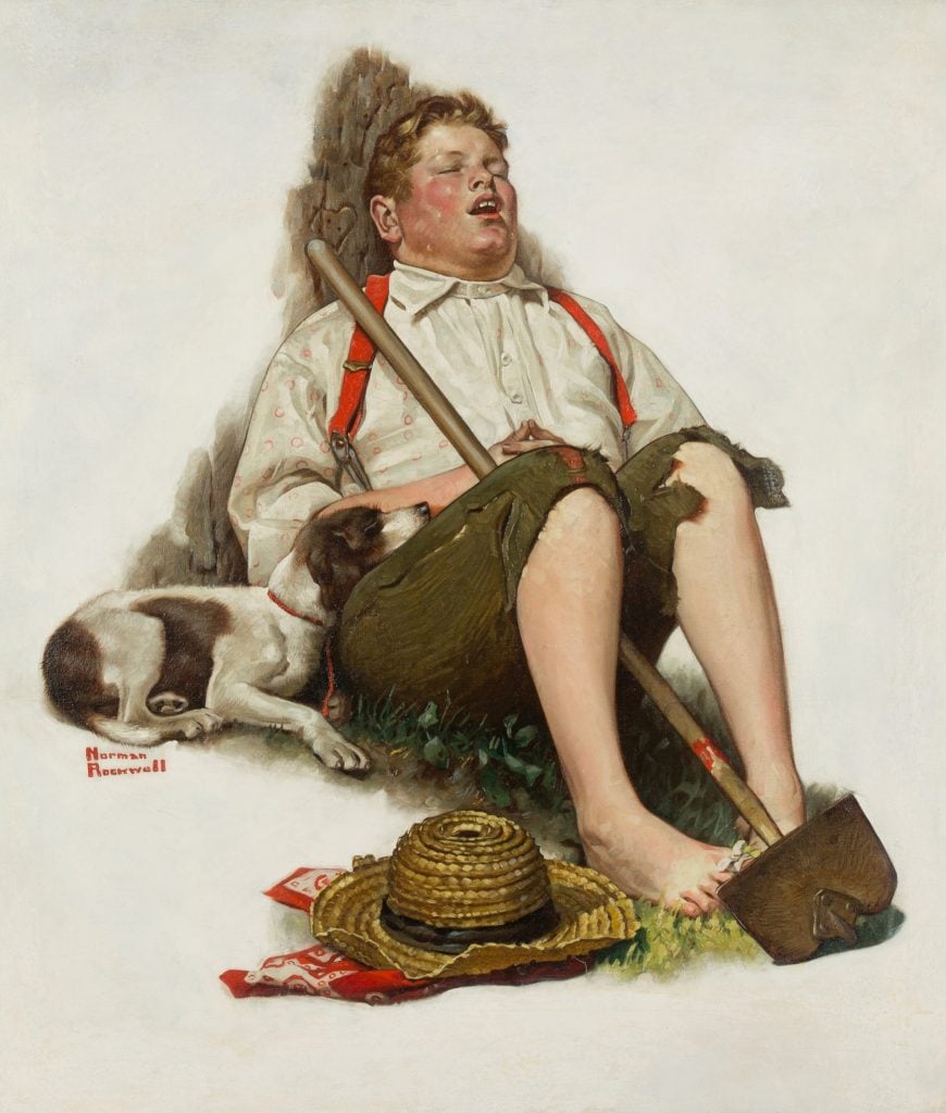 Norman Rockwell's painting Lazybones, of a chubby young boy in suspenders with a hoe reclining against a tree, sleeping with his dog. The FBI recovered the stolen painting after 40 years.