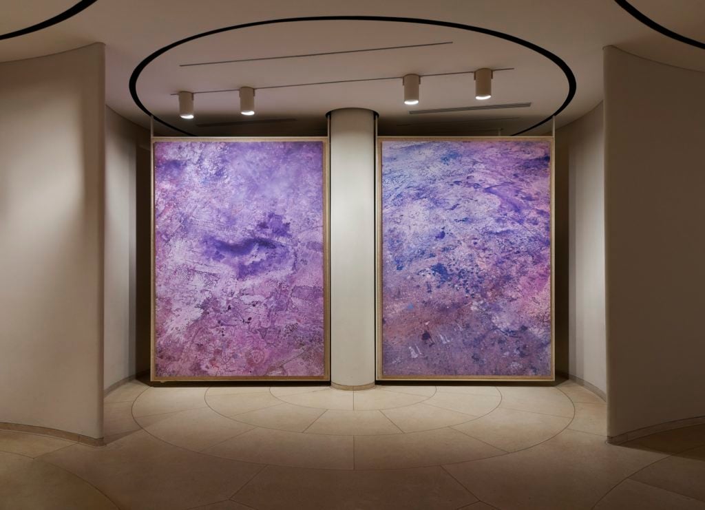 Julian Schnabel, left, <em>Weather Paintings IIB</em> (2015); right, <em>Weather Painting IB</em> (2015) at the Glass House. Courtesy of the Glass House, photo by Andy Romer.