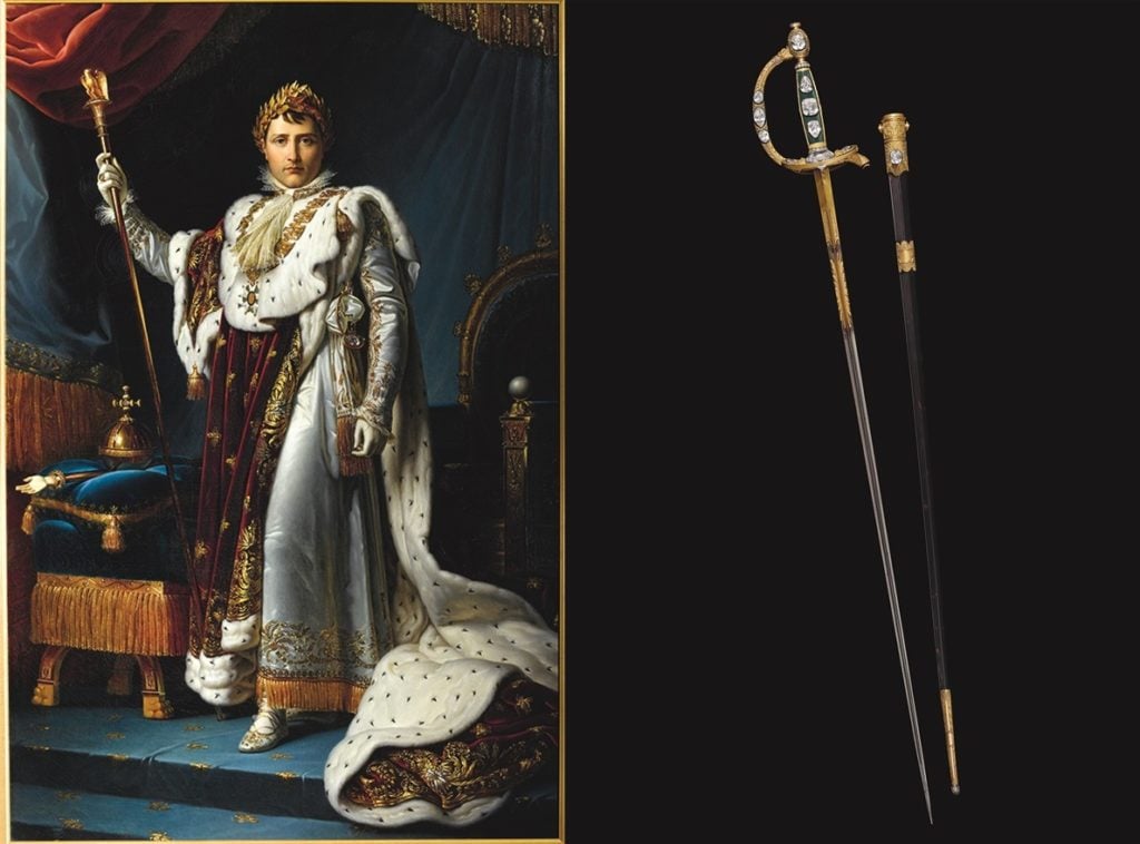 Left: François Gérard, Emperor Napoléon I(1806). Courtesy Palais Fesch, Musée des Beaux-Arts, Ajaccio. Right: Consular Sword, also known as Napoléon I Coronation Sword (1802). Courtesy Musée national du Château de Fontainebleau.
