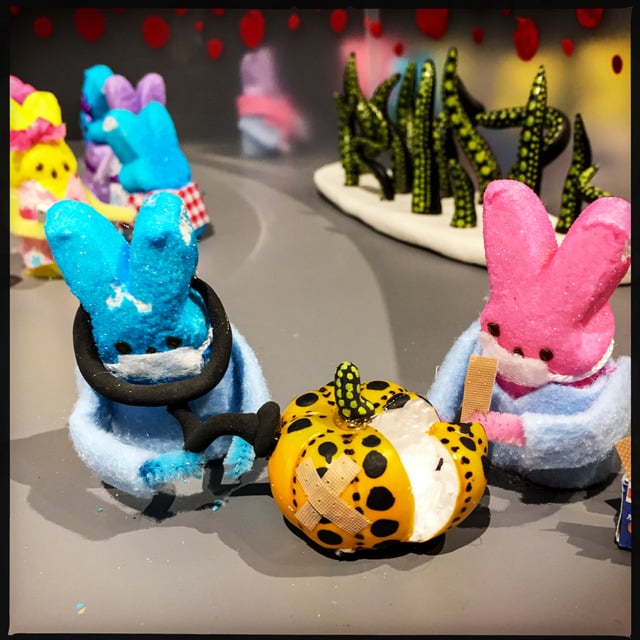 A detail of “Infinity Peeps: All The Eternal Love I Have for Peepkins” references the time a viewer taking a selfie accidentally smashed a Kusama pumpkin. Photo by Darrow Montgomery. Courtesy Washington City Paper