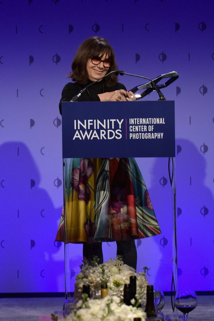 Photographer Sophie Calle accepts an award onstage at The International Center of Photography's 33rd Annual Infinity Awards (Photo by Bryan Bedder/Getty Images for ICP)