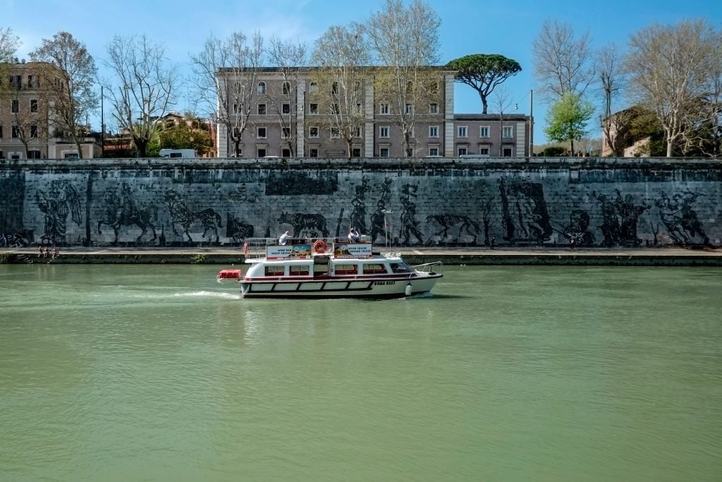 A general view shows the <i>Triumphs and Laments</i> fresco, which was completed along the banks of Romes Tiber river less than a year ago by South African artist William Kentridge, on March 31, 2017 in Rome. Rome authorities are working to remove graffiti that vandalized the fresco. Photo ANDREAS SOLARO/AFP/Getty Images.