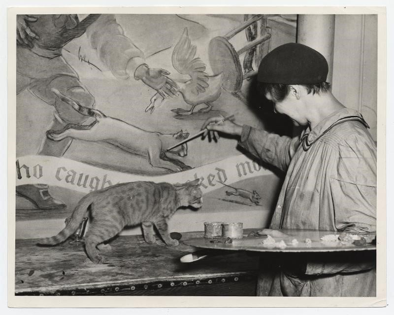 Emily Barto at work on her mural, <em>Animal Tales</em>, at the Fordham Hospital in New York City, October 6, 1937. Photograph by Andrew Herman. Courtesy of the Archives of American Art, Smithsonian Institution.