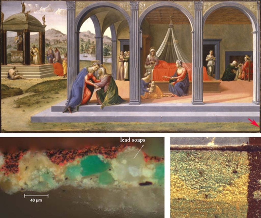 Francesco Granacci, The Birth of Saint John the Baptist (circa 1506–07). The cross-section of a paint sample removed from the grass area, in lower right border, was found to contain lead soaps protruding through the paint surface that give rise to the granular to surface texture of the paint. Courtesy of the Metropolitan Museum of Art.