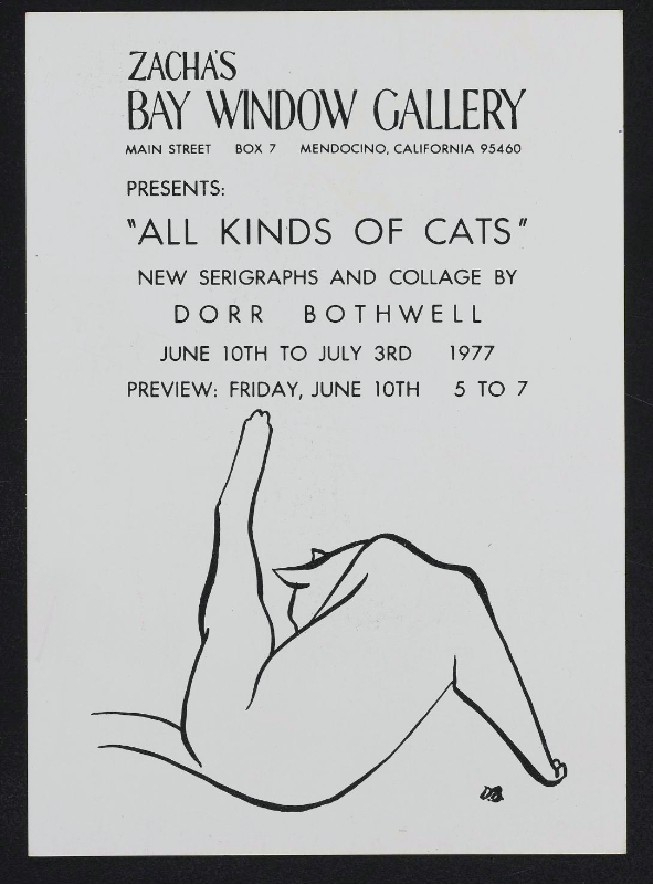 Dorr Bothwell, exhibition announcement for "All Kinds of Cats" at Zacha's Bay Window Gallery in Mendocino, California (1977). Courtesy of the Archives of American Art, Smithsonian Institution.