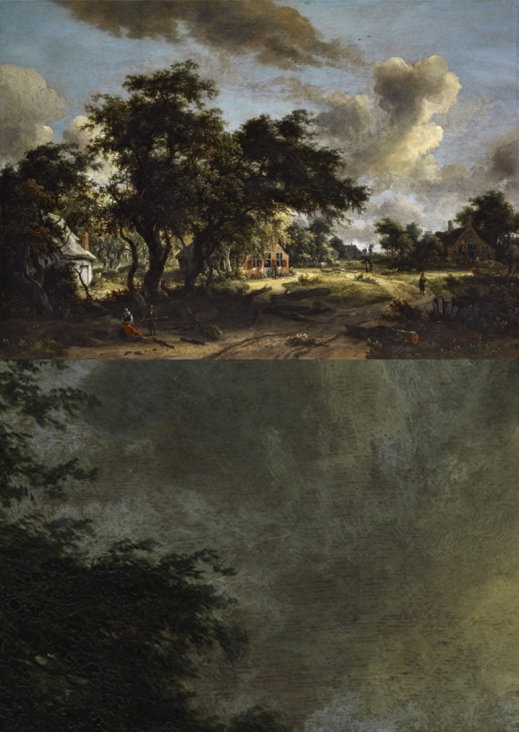 Detail from Meyndert Hobbema, <em>Village Among Trees</em> (1655). This detail, before treatment, shows the transparency caused by soap formation that makes the dark pores of the wood grain visible. Courtesy of the Frick Collection, New York.