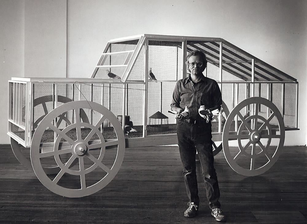 Anton van Dalen with The Pigeon Car in 1987. Courtesy of P.P.O.W.