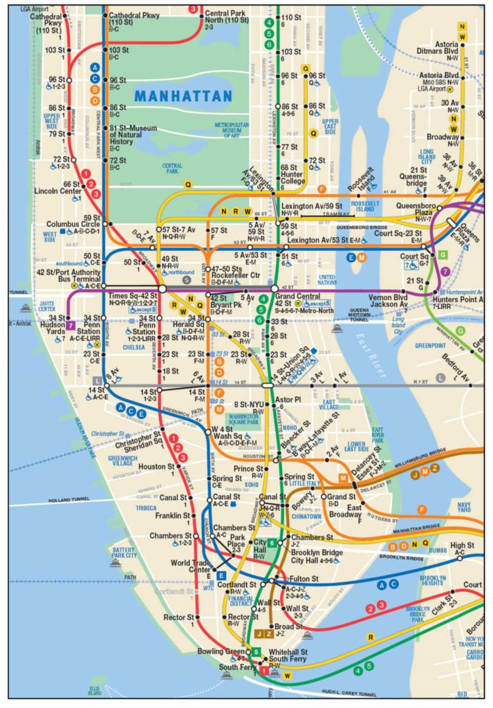 The current New York City subway map, based on John Tauranac's 1978 design. Courtesy of the MTA.