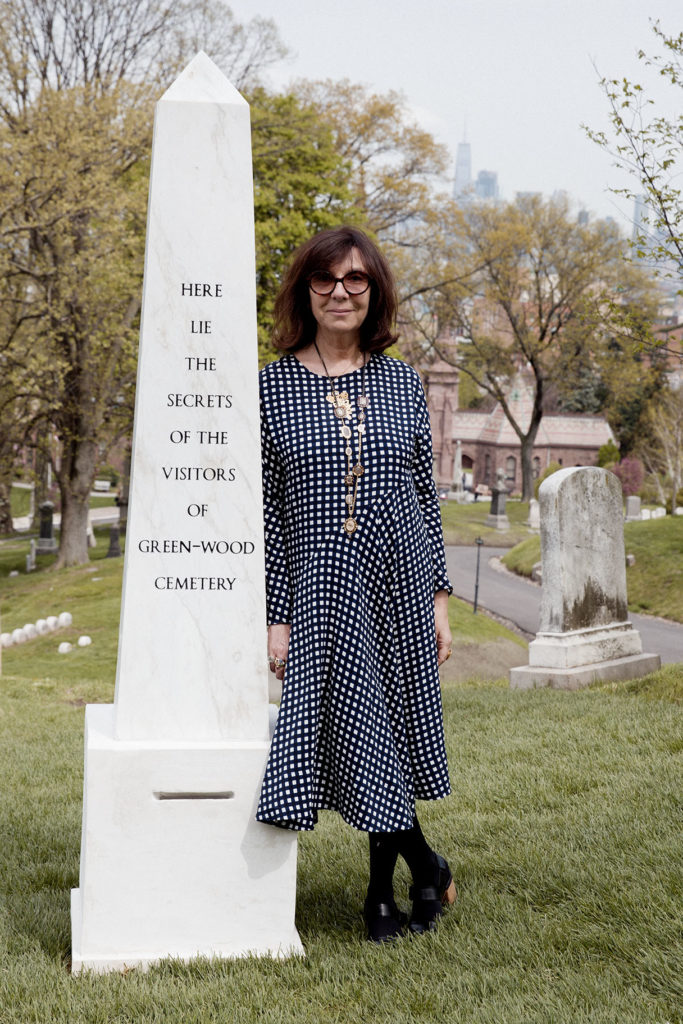 Sophie Calle at the opening of her Creative Time project "Here Lie the Secrets of Green-Wood Cemetery." Courtesy of Paula Cooper Gallery & Perrotin/photographer Guillaume Ziccarelli.