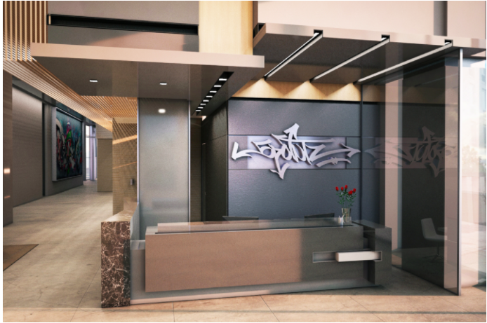 The reception area with a 5Pointz logo. Courtesy Mojo Stumer Associates.