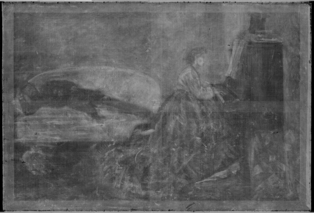 X-Ray of Frédéric Bazille, <em>Ruth and Boaz</em> (1870), showing <em>Young Woman at the Piano</em> (1866). Courtesy of Musée Fabre, Montpellier Méditerranée Métropole/© C2RMF/Jean-Louis Bellec.