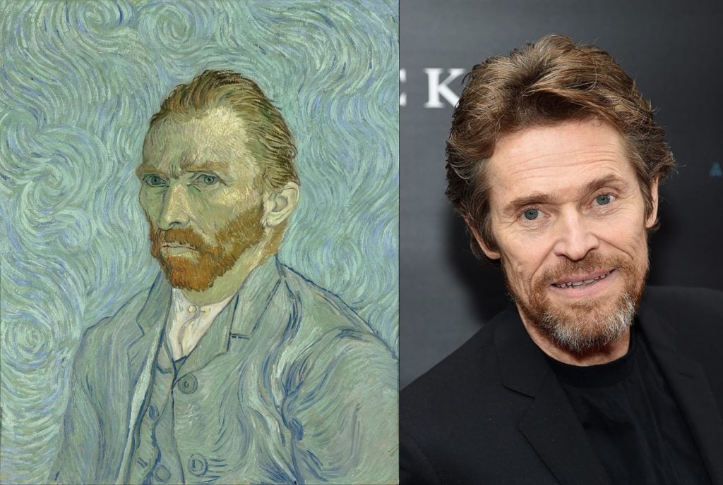 Left: Vincent van Gogh, Self Portrait (1889). Right: Willem DaFoe, image courtesy of Jamie McCarthy for Getty Images.