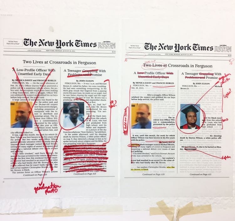 Artist's annotations of <em>New York Times</em> article "Two Lives at Crossroads in Ferguson,"August 25, 2014.