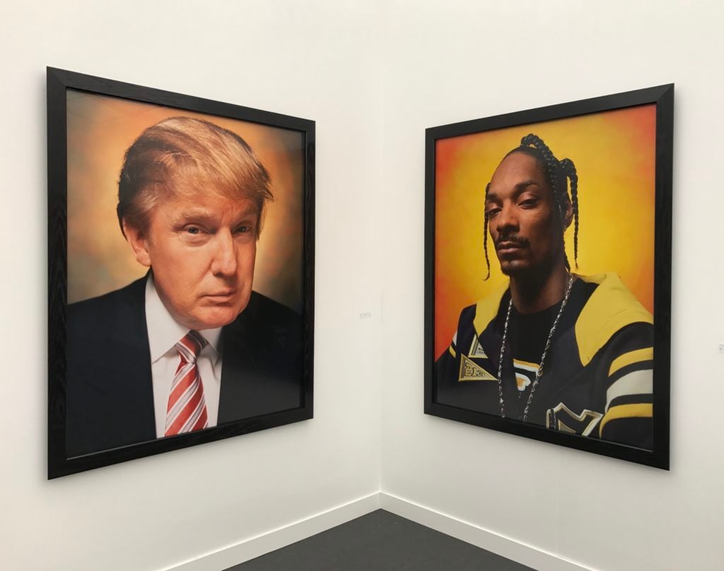 Andres Serrano's portraits of Donald Trump and Snoop Dogg at Galerie Nathalie Obadia's Frieze New York booth. Courtesy of Andrew Goldstein.