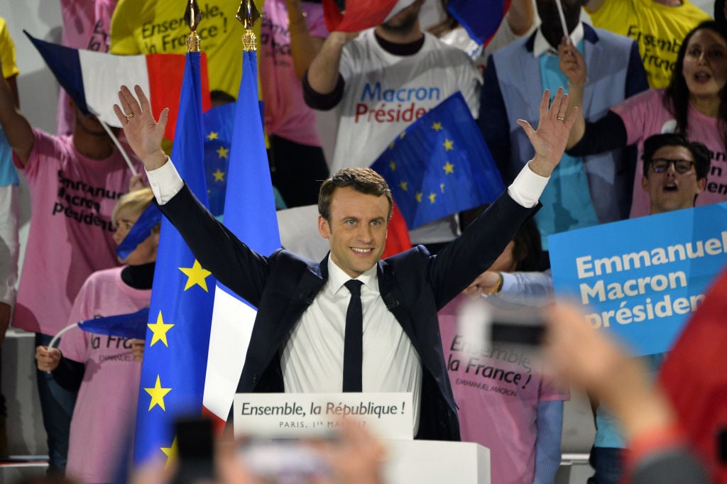 French Presidential Candidate Emmanuel Macron addresses voters during a political meeting at Grande Halle de La Villette on May 1, 2017 in Paris, France. Emmanuel Macron faces President of the National Front, Marine Le Pen in the final round of the French presidential elections on May 7. Photo Aurelien Meunier/Getty Images.