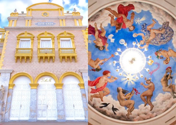 The exterior of the Heredia Theatre (left), and detail of the interior frescoes (right). The Theatre's restoration project is part of Graphenstone's stable of projects using the compound graphene. © Graphenstone.