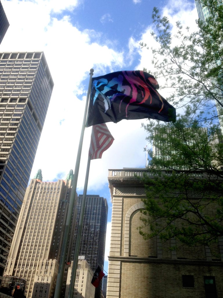 Marilyn Minter's Resist flag on view at the Lever House. Courtesy of Marilyn Minter.