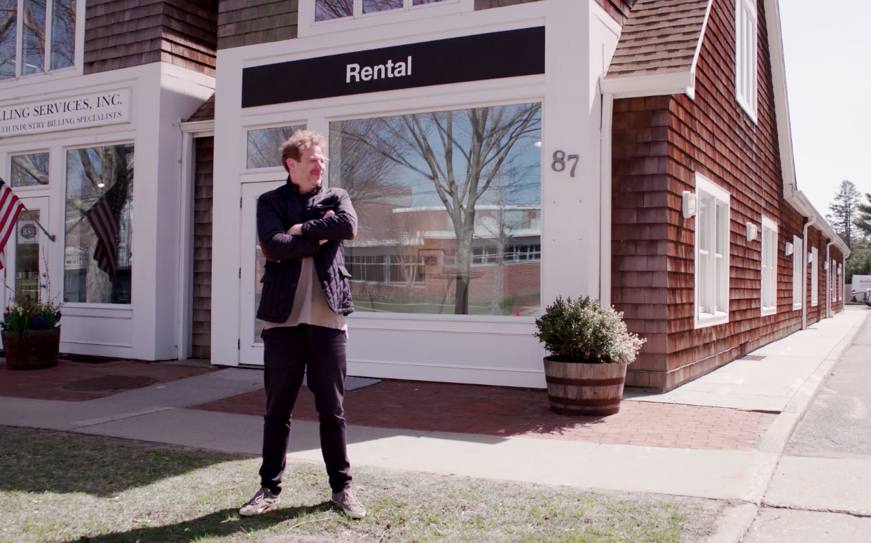 The artist and dealer Joel Mesler outside his new East Hampton incarnation of Rental Gallery.