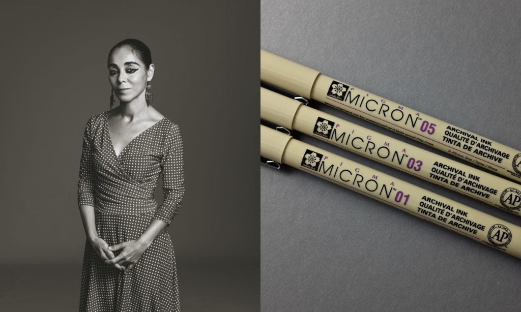 Left: Shirin Neshat, Right: Various Micron archival ink pens.