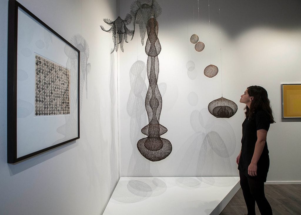 Installation view of David Zwirner booth at TEFAF New York, with sculptures by Ruth Asawa at center. Image courtesy TEFAF.