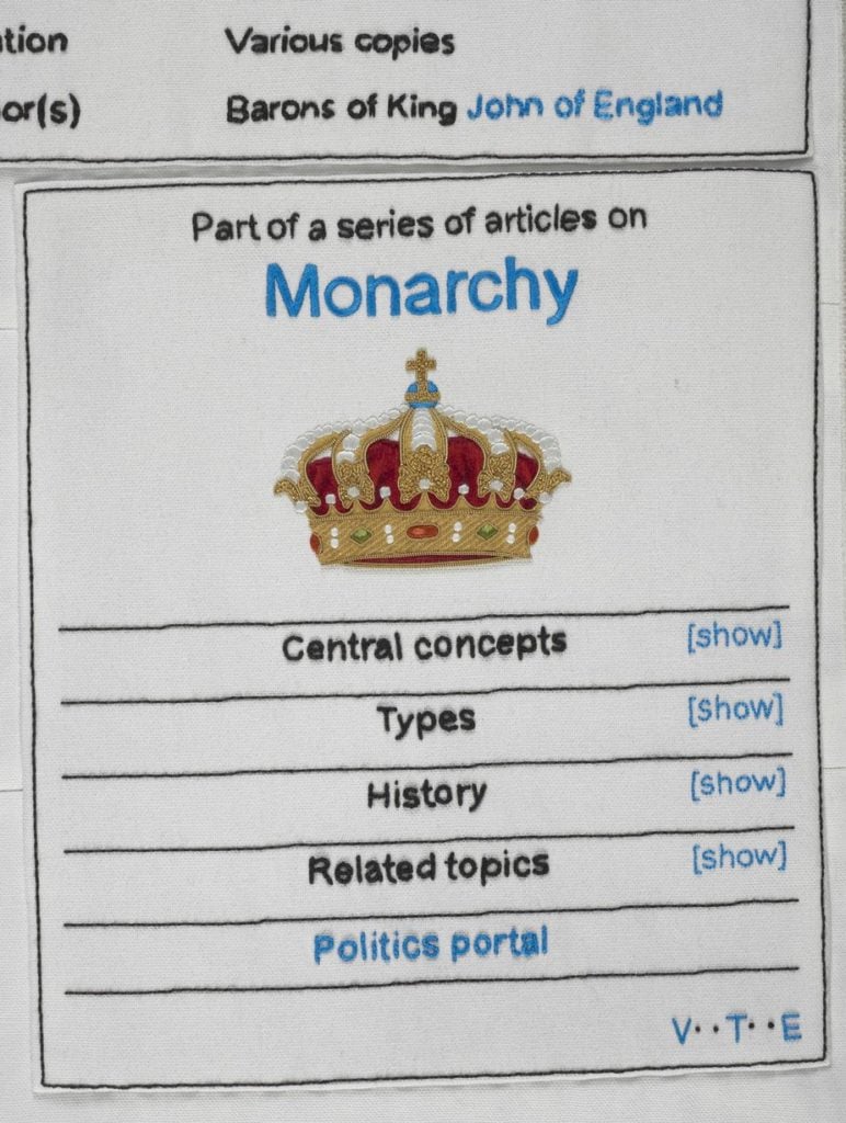 Part of a series of articles on Monarchy stitched by Kate Barlow, Angela Bishop, Rachel Doyle, Belinda Egginton, Amanda Ewing, Susan Kay-Williams and Annalee Levin, Royal School of Needlework. Part of Cornelia Parker’s <em>Magna Carta (An Embroidery)</em> at the British Library. Courtesy of the British Library.
