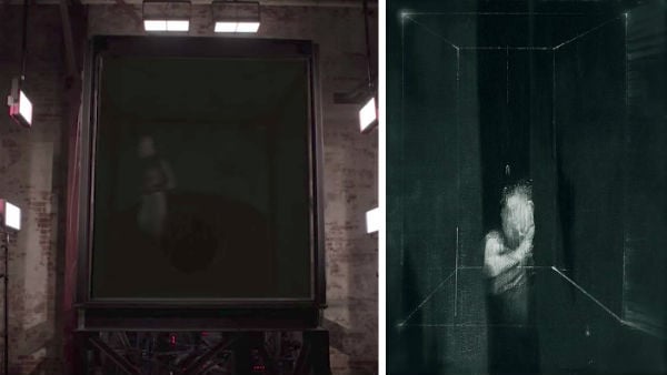 Left: The monster in the mysterious glass box from Twin Peaks: The Return, Episode 1. Right: Detail of Francis Bacon, Two figures at a window (1953–1953).