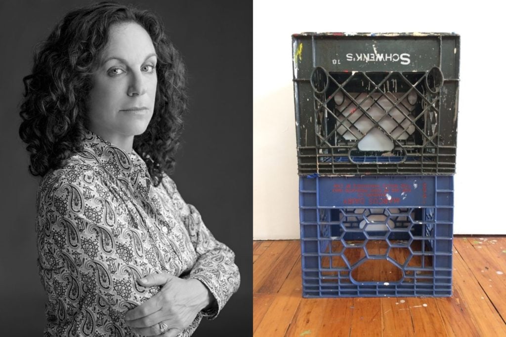 Left: Deborah Kass, Right: Milk crates in the artist's studio. Images courtesy of Deborah Kass.