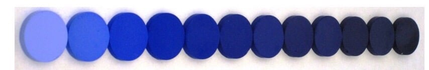 Shades of YInMn Blue as invented at Oregon State University by Mas Subramanian. Courtesy of Mas Subramanian.
