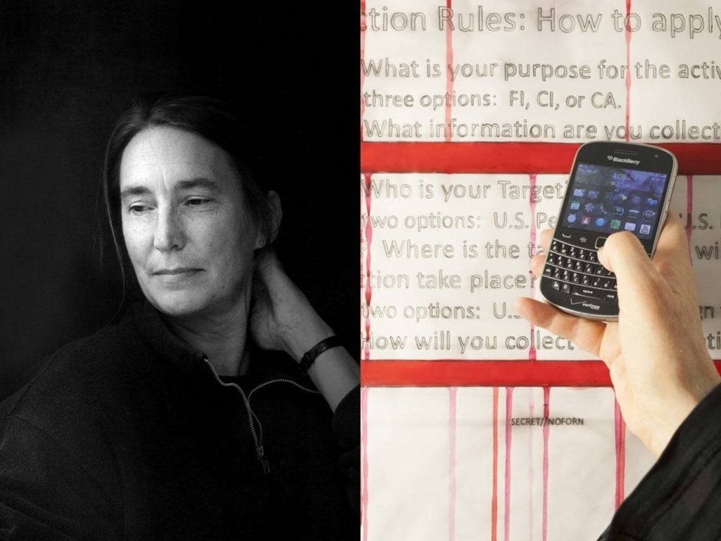 Left: Jenny Holzer, Photo by Nanda Lanfranco. Courtesy of the artist; Right: the artist's indispensable Blackberry.