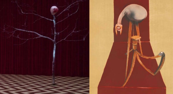 Left: The mysterious Arm in the Black Lodge, from Twin Peaks: The Return, episode 1. Right: Detail of Francis Bacon, Second Version, Triptych (Large Version) (1944).