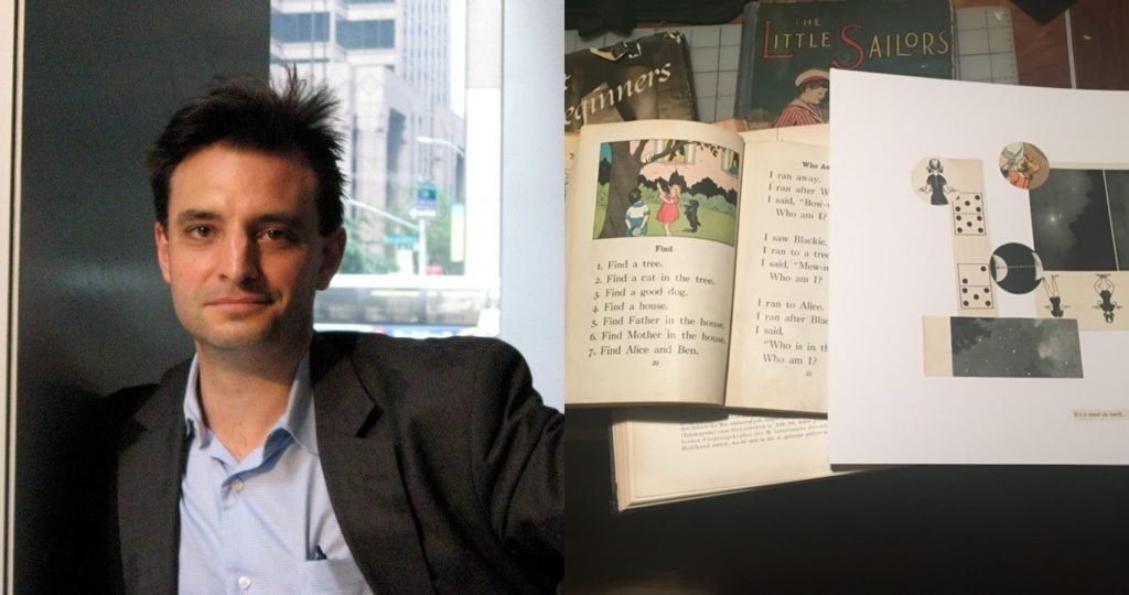 Left: Pablo Helguera, photo by Elena Snow, Right: A smattering of children's' books that the artist sources for inspiration. Images courtesy of Pablo Helguera.