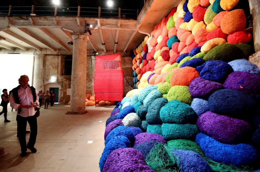 A picture shows the artwork "Escalade Beyond Chromatic Lands" by US artist Sheila Hicks, on May 10, 2017 in Venice during the press preview of the 57th International Art Exhibition Biennale. Photo credit should read Vincenzo Pinto/AFP/Getty Images.