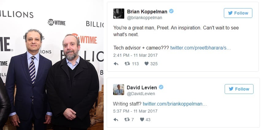 Left: Preet Bharara with Paul Giamatti. Michael Loccisano/Getty Images for Showtime. Right: A Twitter exchange between Billions producers following Bharara's removal by President Trump. Screenshot via Twitter.