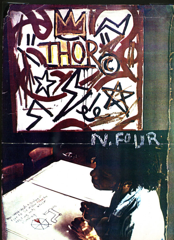 An invitation to a Jean-Michel Basquiat show at FUN, November 1982, featuring Jean-Michel Basquiat <em>THOR</em>, and Stephen Torton, <em>Jean-Michel Basquiat signing, 'In Plumbing.' Appenzell, 1982</eM>. Courtesy of the Urban Art Fair/Patti Astor.