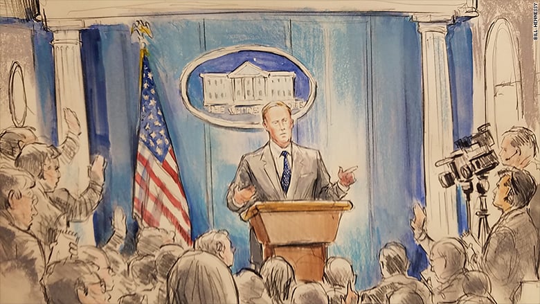 William J. Hennessy Jr., sketch of June 23 off-camera meeting between White House press secretary Sean Spicer and the press. Courtesy of William J. Hennessy Jr./CNN.