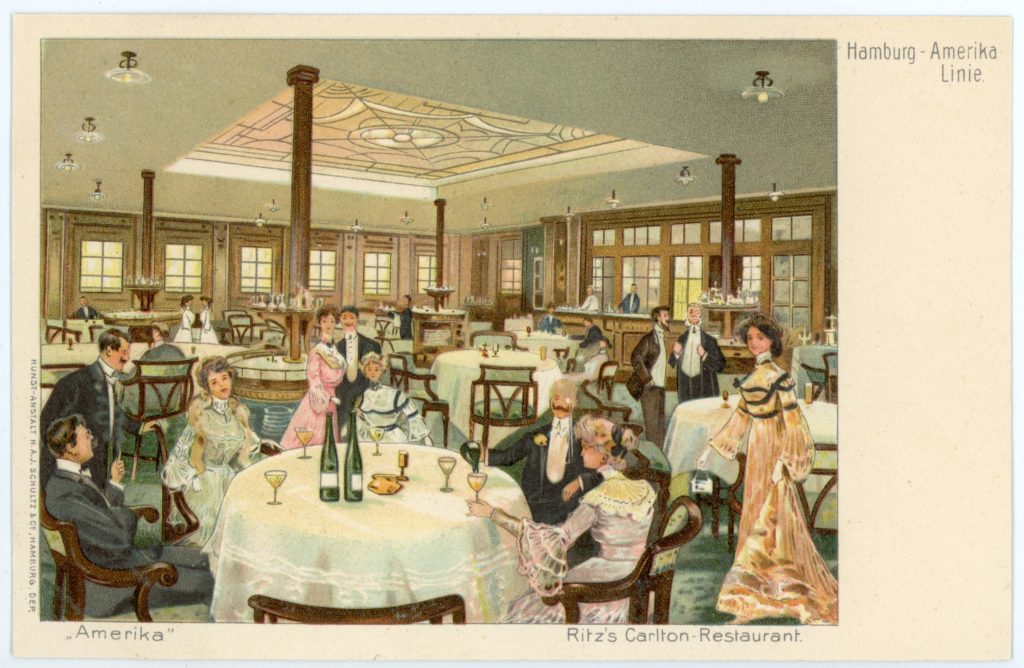 Kunst-Anstalt H.A.J. Schultz & Company, <em>SS Amerika, Ritz's Carlton-Restaurant</em> (circa 1905). Courtesy of the Stanley Lehrer Ocean Liner Collection South Street Seaport Museum Foundation Collection.