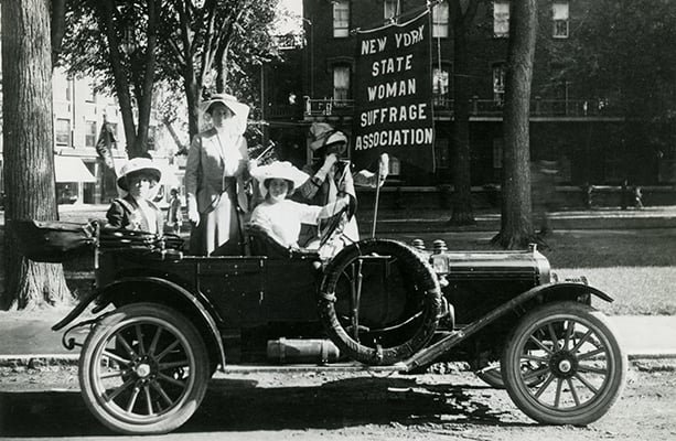 <em>Women in car with New York State Woman</em>, undated. Courtesy of the New-York Historical Society.