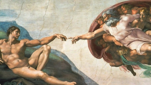Michelangelo's <em>The Creation of Adam</em> recreated for "Up Close: Michelangelo's Sistine Chapel." Courtesy of Erich Lessing and SEE Global Entertainment.