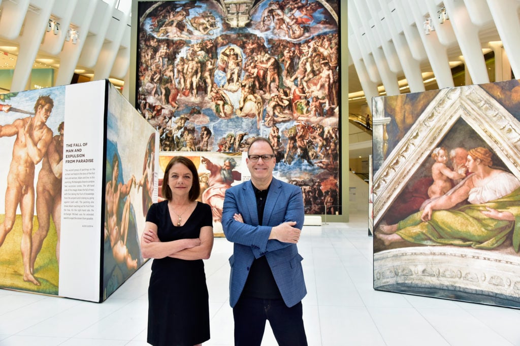 Art historian Lynn Catterson and Westfield's creative head of global entertainment, Scott Sanders at "Up Close: Michaelangelo's Sistine Chapel" at the Oculus at Westfield World Trade Center. Courtesy of Eugene Gologursky/Getty Images for Westfield.