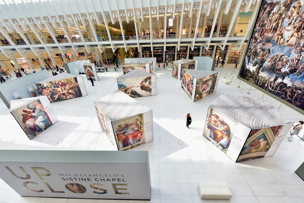 "Up Close: Michaelangelo's Sistine Chapel" at the Oculus at Westfield World Trade Center. Courtesy of Eugene Gologursky/Getty Images for Westfield.