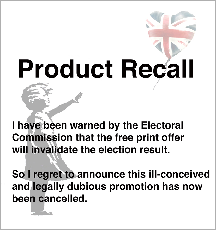 The announcement posted on Banksy's website cancelling the election art giveaway. Courtesy of Banksy.