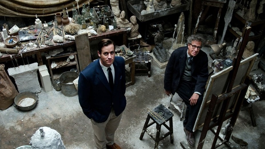 Left to right: Armie Hammer as James Lord and Geoffrey Rush as Alberto Giacometti <br> Photo by Parisa Taghizadeh. Courtesy of Sony Pictures Classics