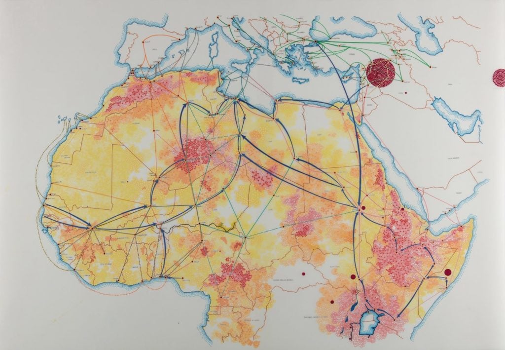 Tiffany Chung, <em>ICMPD, IOM, Frontex, Reuters, NYT: migration routes through Africa to Europe</em> (2017). Courtesy of Tyler Rollins Fine Art. 