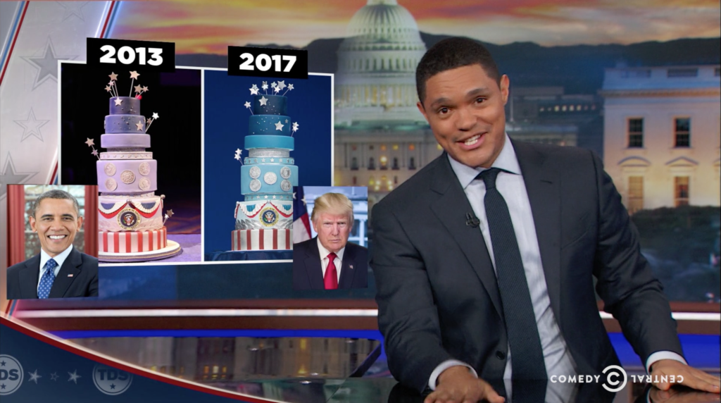 The Trump Cake is now on view at the "The Donald J. Trump Presidential Twitter Library" from <em>The Daily Show</em>. Screen shot courtesy of Comedy Central.